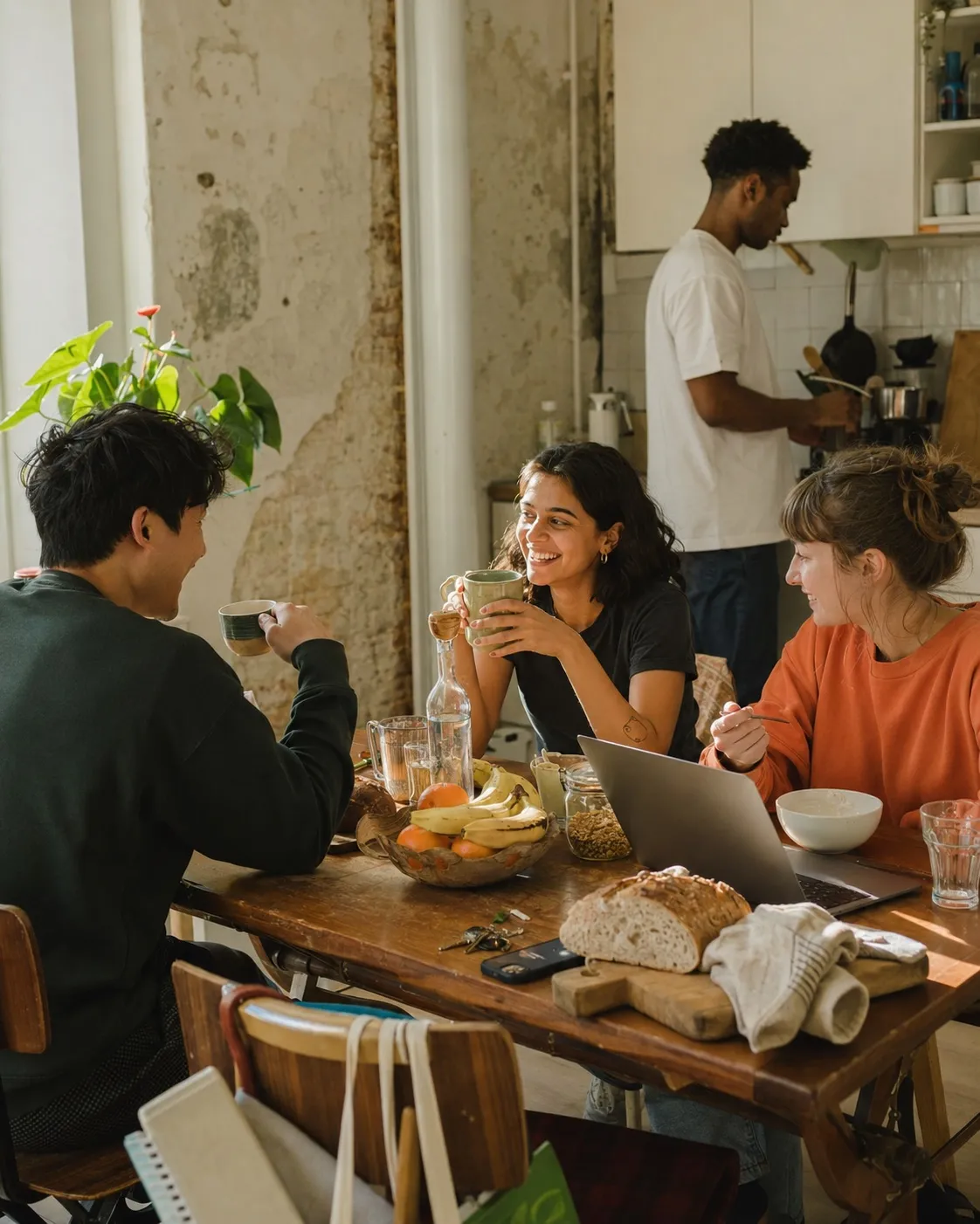 flatmates sharing coffee at a kitchen table in a shared home