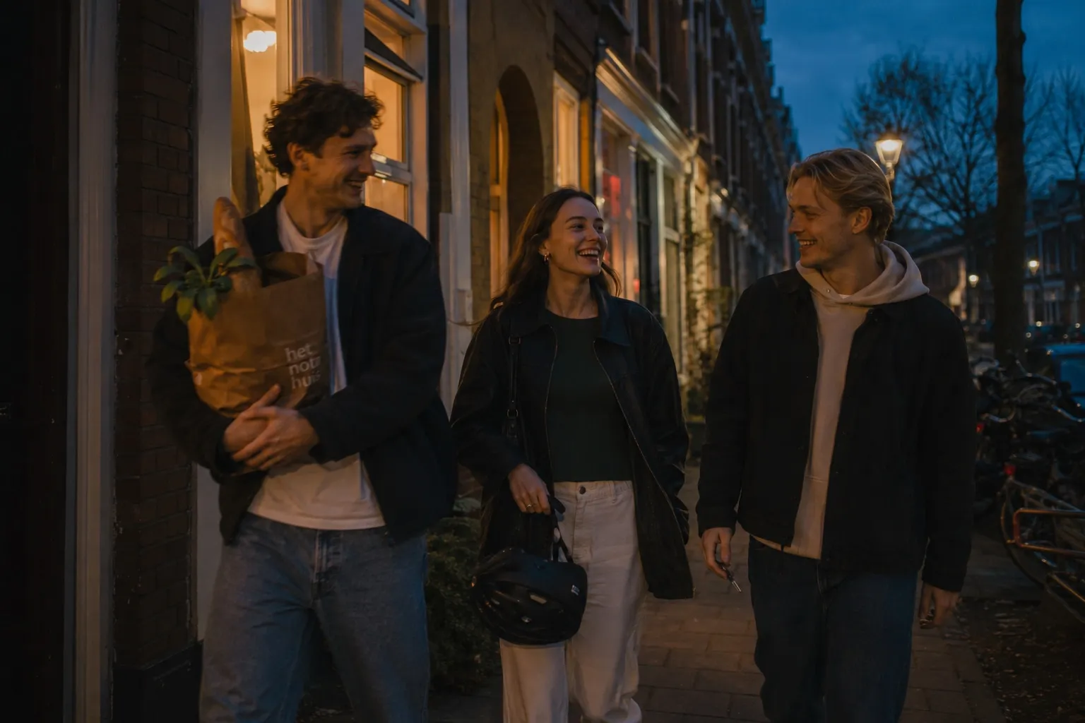 two flatmates and a friend walking home through amsterdam at dusk