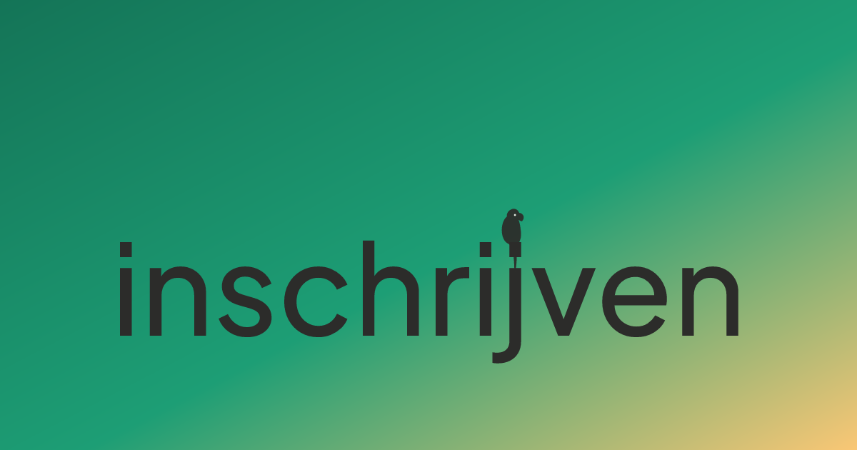 The word inschrijven in large dark letters on a green-to-amber gradient, a small parrot perched on the dot of the j
