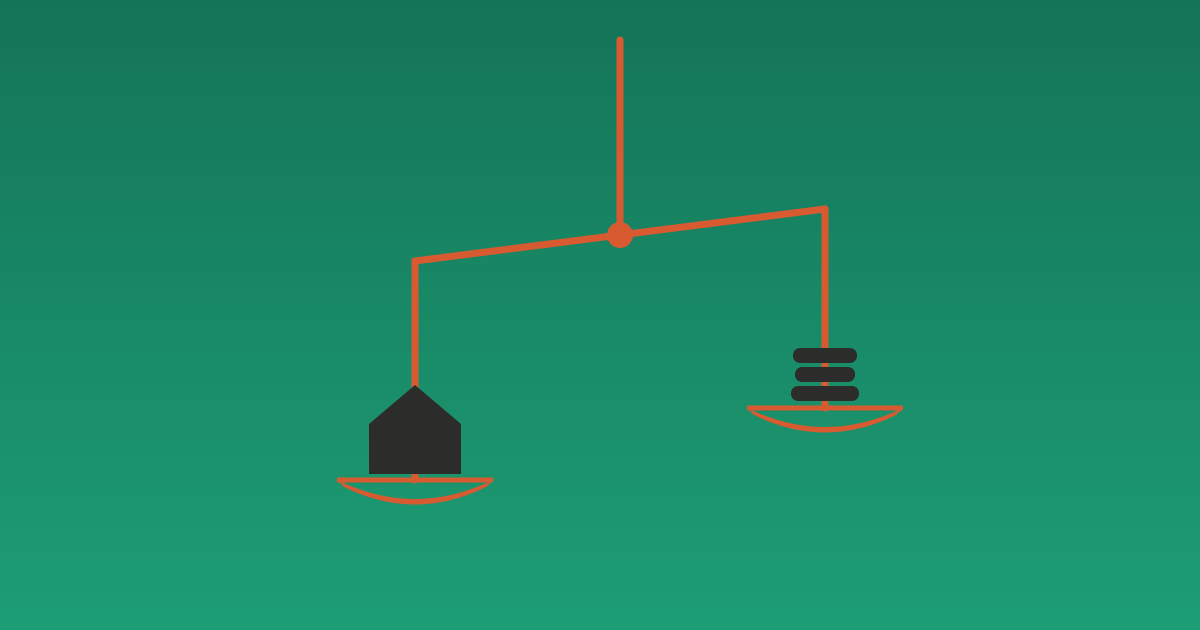 A large coral weighing scale — a small house in one pan sitting lower than a stack of coins in the other