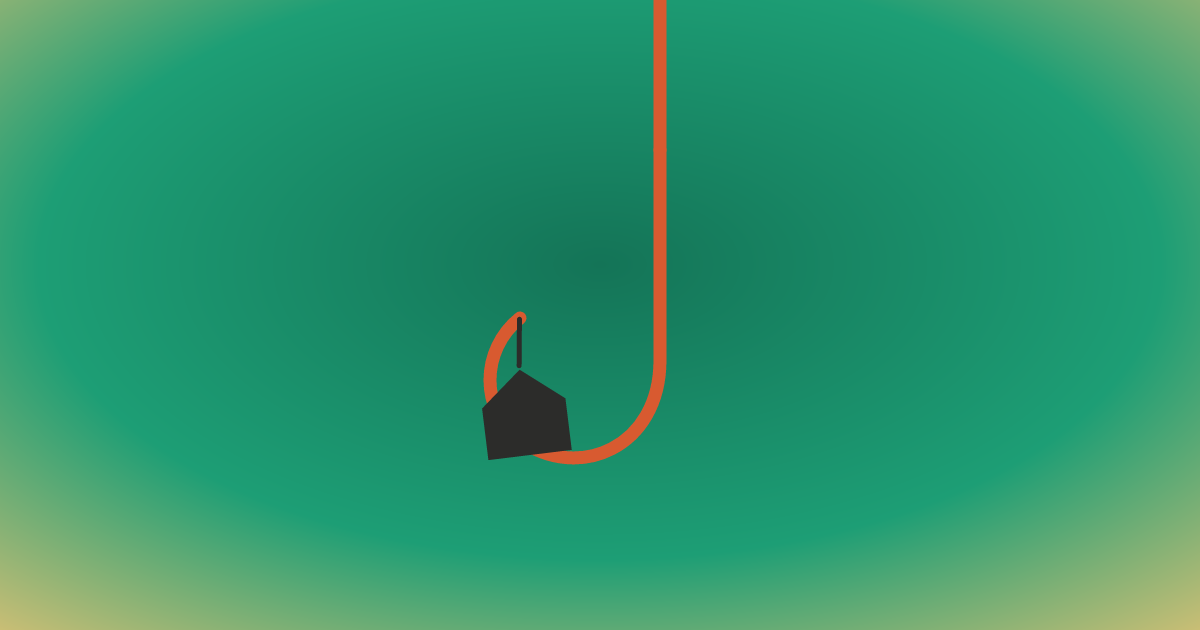 A large coral fishing hook hanging from above, a small house silhouette dangling from its point as bait