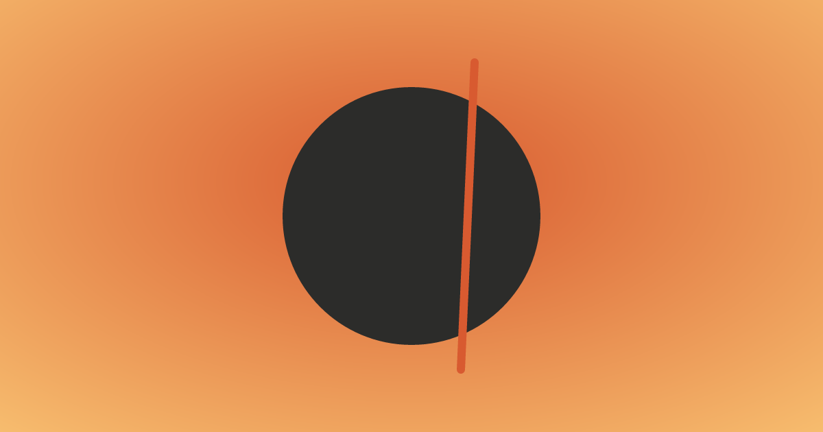 A large dark coin cut by a single coral line, deliberately off-centre, into two unequal parts